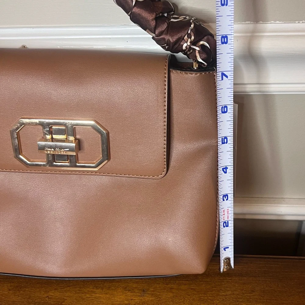 Nicole Miller Brown Tan Satchel Handbag Scarf Handle Gold Hardware NWT